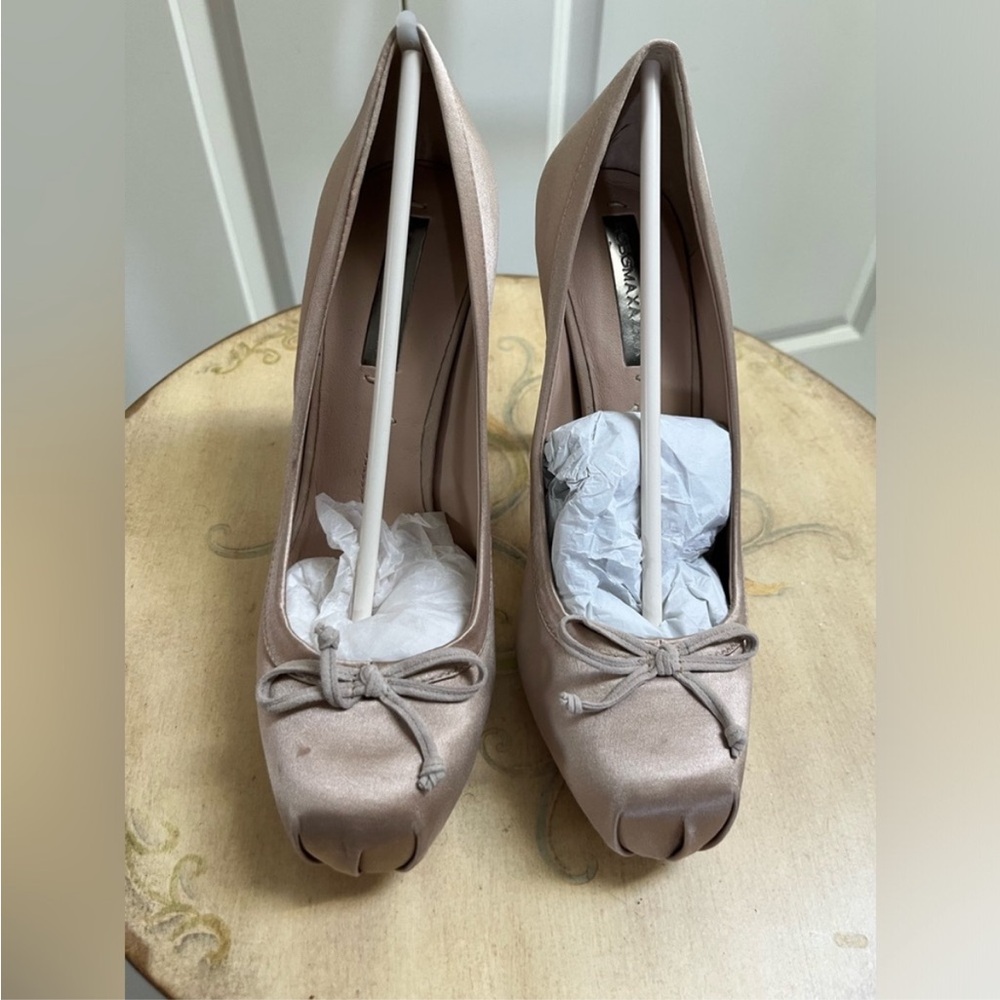 BCBGMaxAzria Satin Square-Toe Pumps in Blush Pink